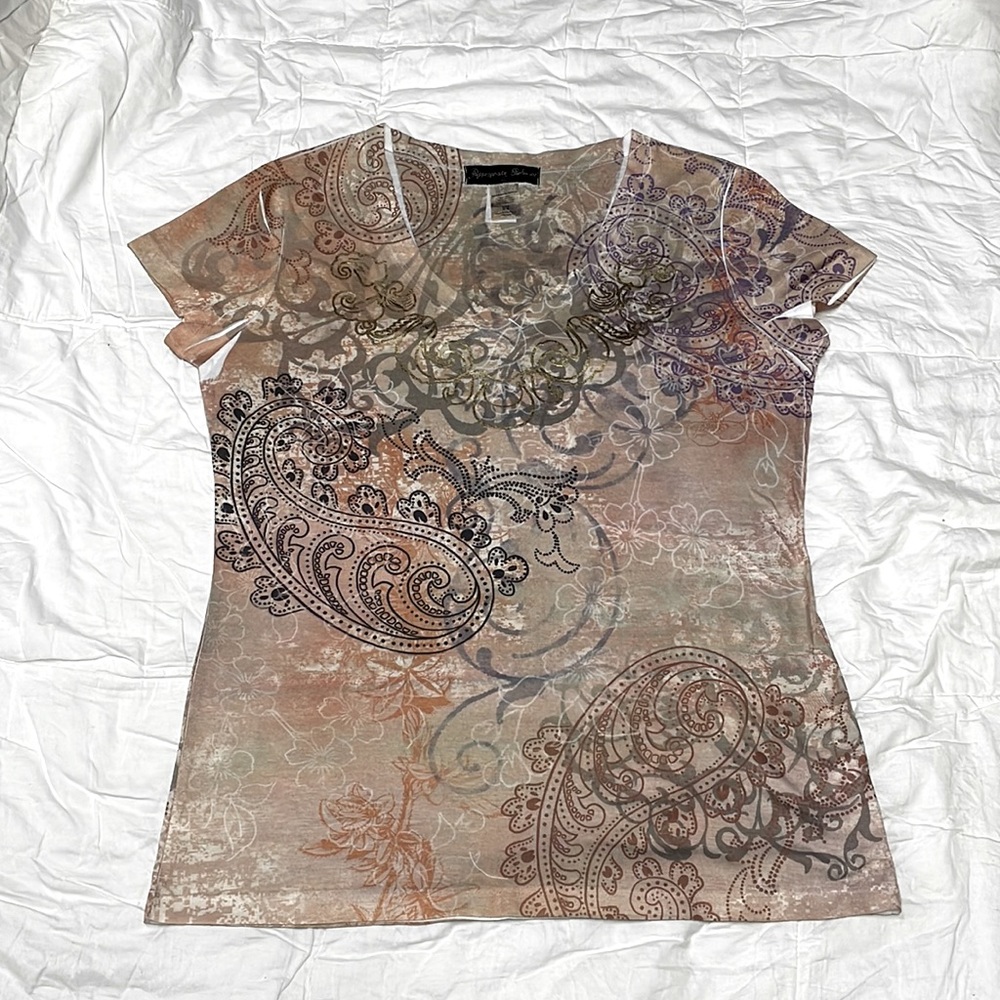 Appropriate Behavior Brown Paisley And Floral Short Sleeve Tee Size Small